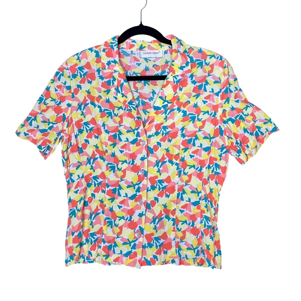 Michelle Stuart Blouse 11-12 Abstract Floral Pop Art Vintage 90s Top Retro Funky